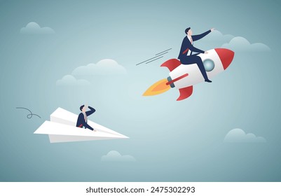 New innovations, Business competition. Businesswoman piloting a rocket wins a competitor. vector illustration