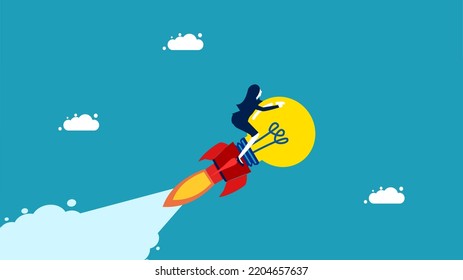 New innovations. business woman driving a light bulb rocket in the sky