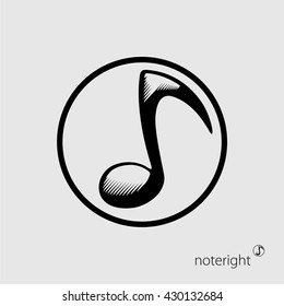 New Invented Symbol Noteright - Black Stylized Note Sign In Black Outline Circle- Pictogram Sign Woodcut Style