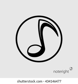 New Invented Symbol Noteright - Black Stylized Note Sign In Black Outline Circle- Pictogram Sign Shadows Highlights Stencil Style