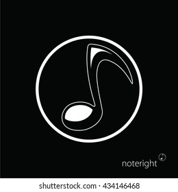 New Invented Symbol Noteright - White Stylized Note Sign In White Outline Circle on Black Background - Pictogram Sign Shadows Highlights Stencil Style