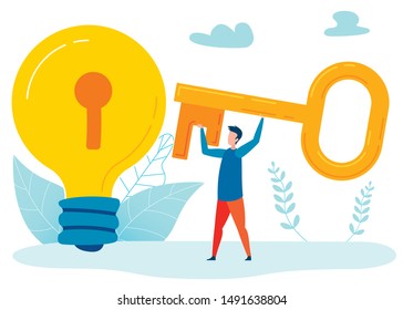 New Invention Metaphor Flat Vector Illustration. Man, Boy Holding Huge Key, Standing near Lightbulb with Keyhole Cartoon Character. Innovation, Successful Idea Symbol. Problem Solution Concept