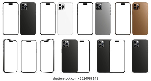 New iPhone 16 Pro, set in different colors. Mockup screen front view iphone with white screens and back side phone