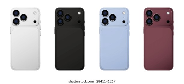 New iPhone 18 Pro Max in Silver, Black, Glacier and Burgundy colors. Smartphone 3D mockup back side phone