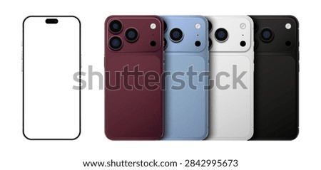 New iPhone 18 Pro Max in Silver, Black, Glacier and Burgundy colors. Smartphone 3D mockup screen front view iphone with white screens and back side phone