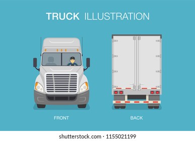 New isolated american truck with driver. Front and back view. Flat vector illustration.