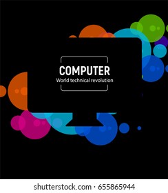 New isolated black computer. The latest technological miracle Monoblock PC model vector illustration on colorful circle background