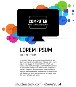 New isolated black computer. The latest technological miracle Monoblock PC model vector illustration on colorful circle background