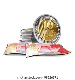 New Israeli Shekel banknotes and coins vector illustration in color, financial theme ; isolated on background.