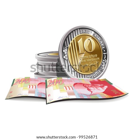 New Israeli Shekel banknotes and coins vector illustration in color, financial theme ; isolated on background.