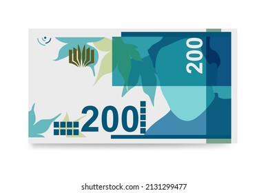 New Israeli Sheqel Vector Illustration. Indonesia, Timor-Leste money set bundle banknotes. Paper money 200 ILS. Flat style. Isolated on white background. Simple minimal design.