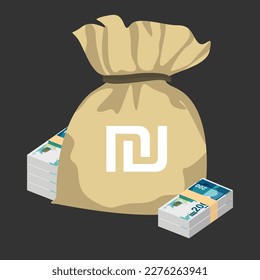 New Israeli Sheqel Vector Illustration. Indonesia, Timor-Leste money set bundle banknotes. Money bag 200 ILS. Flat style. Isolated on white background. Simple minimal design.