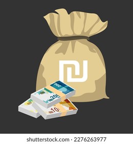 New Israeli Sheqel Vector Illustration. Indonesia, Timor-Leste money set bundle banknotes. Money bag 10, 50,  200 ILS. Flat style. Isolated on white background. Simple minimal design.