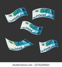 New Israeli Sheqel Vector Illustration. Indonesia, Timor-Leste money set bundle banknotes. Falling, flying money 200 ILS. Flat style. Isolated on white background. Simple minimal design.