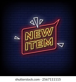 new item neon sign style with brick wall background vector