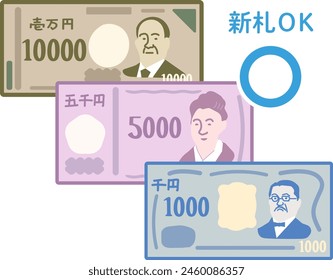 Nuevas notas de Japón revisadas en 2024. Texto japonés dice “nuevo yen de diseño disponible”.