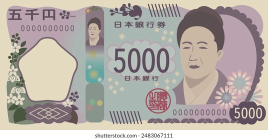 New Japanese banknote (5000yen)

In Japanese, it says "Bank of Japan note", "Five thousand yen"