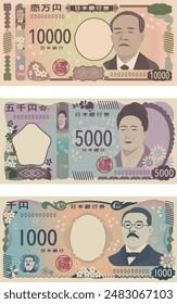 New Japanese banknotes

In Japanese, it says "Bank of Japan note", "ten-thousand yen", "Five thousand yen", and "One thousand yen".