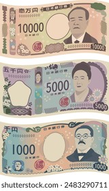 New Japanese banknotes

In Japanese, it says "Bank of Japan note", "ten-thousand yen", "Five thousand yen", and "One thousand yen".