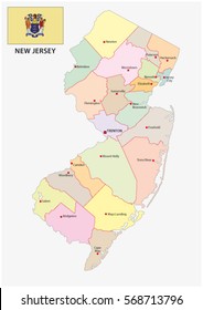 New Jersey Administrative And Political Vector Map With Flag