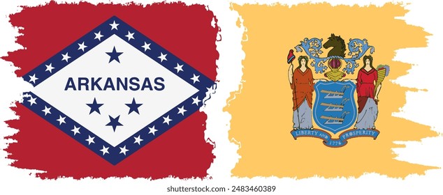 New Jersey and Arkansas states grunge brush flags connection, vector