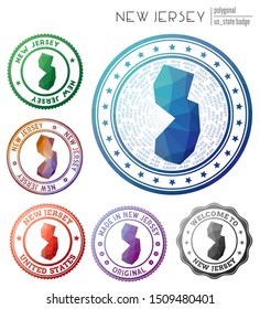 New Jersey badge. Colorful polygonal US state symbol. Multicolored geometric New Jersey logos set. Vector illustration.