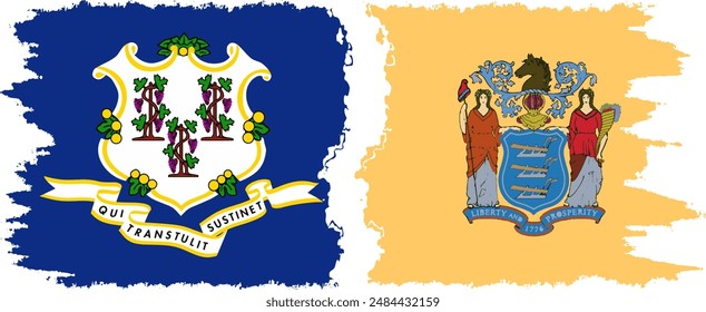 New Jersey and Connecticut states grunge brush flags connection, vector