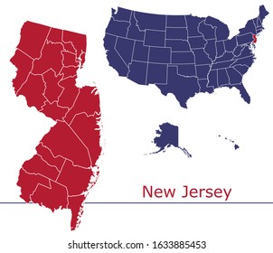 New Jersey counties vector map with USA map colors national flag