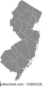 New Jersey county map vector outline gray background. Map of New Jersey state of United States of America with counties borders