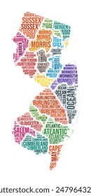 New Jersey county word cloud. State shape design. New Jersey colored illustration. County names collage cloud. Vector illustration.