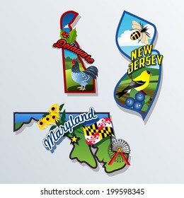 New Jersey, Delaware, Maryland retro state facts Illustrations svg