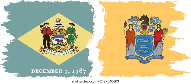 New Jersey and Delaware states grunge brush flags connection, vector