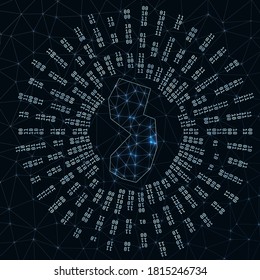 New Jersey digital map with binary rays radiating around a glowing state. Internet connections and data exchange design. Vector illustration.