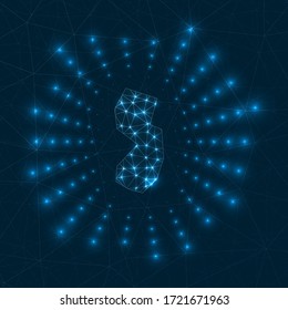 Mapa digital de Nueva Jersey. Rayos brillantes irradiando desde el estado de los Estados Unidos. Conexiones de red y diseño de telecomunicaciones. Ilustración vectorial.