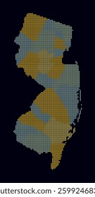 New Jersey dotted map. Digital style map of the state on dark background. New Jersey shape with square dots. Colored dots style. Small size squares. Simple vector illustration.
