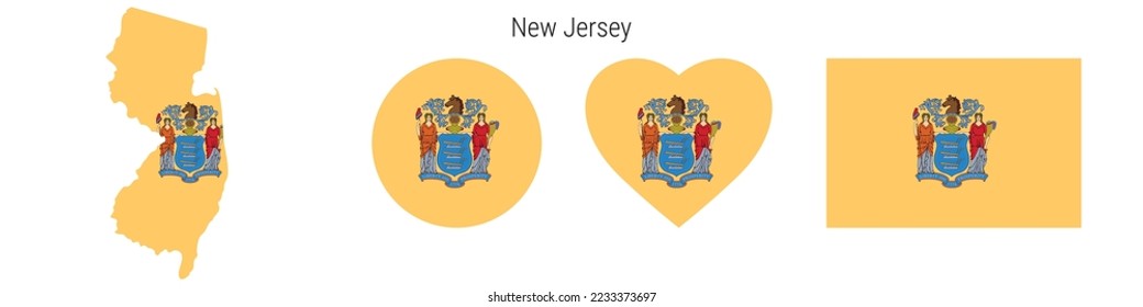 New Jersey flag icon set. American state pennant in official colors and proportions. Rectangular, map-shaped, circle and heart-shaped. Flat vector illustration isolated on white.