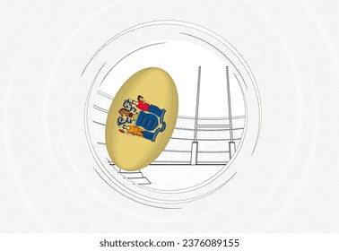 New Jersey flag on rugby ball, lined circle rugby icon with ball in a crowded stadium. Vector sport emblem on abstract background.