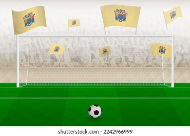 New Jersey football team fans with flags of New Jersey cheering on stadium, penalty kick concept in a soccer match. Sports vector illustration.