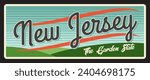 New Jersey garden state, retro travel plate. Vector retro banner, sign for tourism destination, vintage board, Trenton capital. Antique signboard, touristic landmark plaque with US state