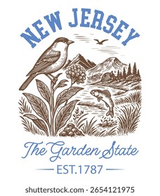 New Jersey The Garden State - Estados Unidos Cityscape T-shirt Vetor, Ícones americanos de referência, Vintage Estados Cityscape Camisa, Retro Travel City Art, Estados Citações de referência, Estado de férias Ilustração
