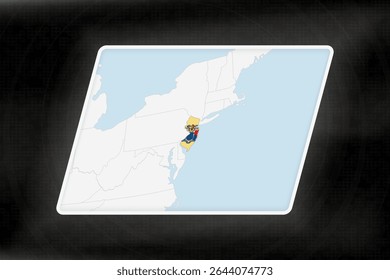 New Jersey Highlighted in Flag Colors on Geographic Map. Modern Map on a dark abstract backdrop.