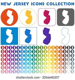 New Jersey icons collection. Bright colorful trendy map icons. Modern New Jersey badge with US state map. Vector illustration.