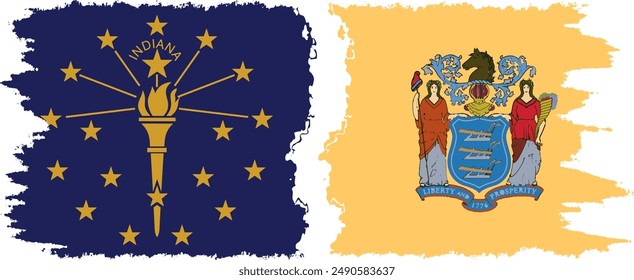 New Jersey and Indiana states grunge brush flags connection, vector