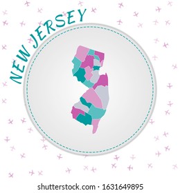 New Jersey map design. Map of the US state with regions in emerald-amethyst color palette. Rounded travel poster to New Jersey with US state name and airplanes background. Cool vector illustration.