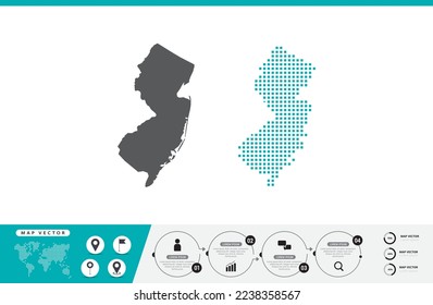 Mapa de puntos grises y verdes de Nueva Jersey para presentación. Establece el concepto creativo de un par de píxeles para infografía.