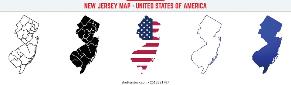 New Jersey Map with editable stroke icon. New Jersey USA State thin line icon, New Jersey map vector illustration, New Jersey, NJ  silhouette vector map