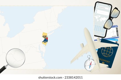 New Jersey Karte und Flagge, Frachtflugzeug auf der detaillierten Karte von New Jersey mit Flagge, Reisepass, Lupe und Flugzeug. Vektorvorlage.