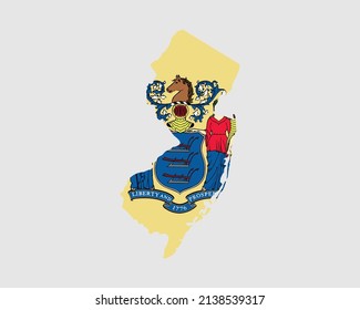 New Jersey Map Flag. Map Of NJ, USA With The State Flag. United States, America, American, United States Of America, US State Banner. Vector Illustration.