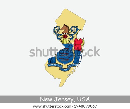 New Jersey Map Flag. Map of NJ, USA with the state flag isolated on white background. United States, America, American, United States of America, US State. Vector illustration.