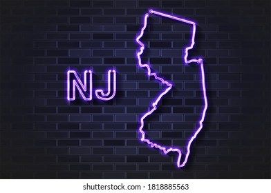 Mapa de Nueva Jersey de lámpara de neón brillante o tubo de vidrio. Ilustración vectorial realista. Muro de ladrillo negro, sombra suave.